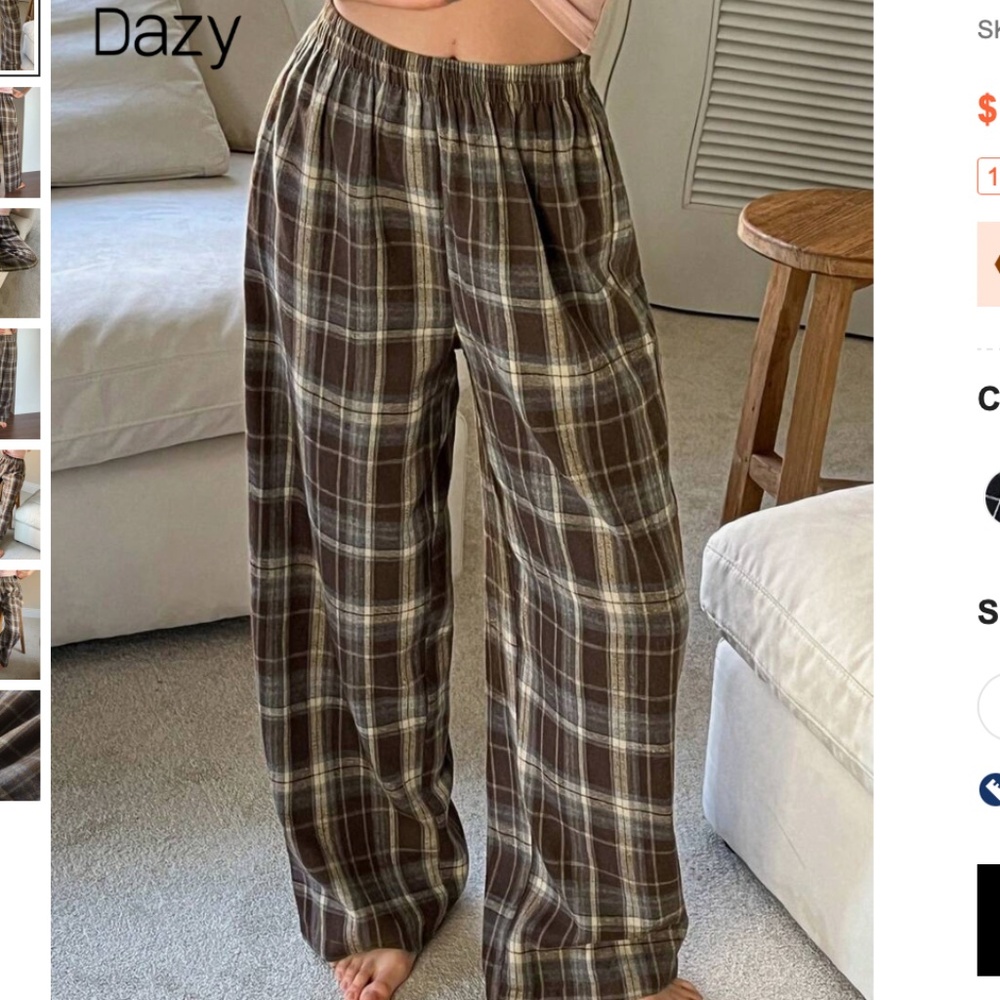 Shein DAZY Brown Plaid Pattern Lounge/Pajama Pants